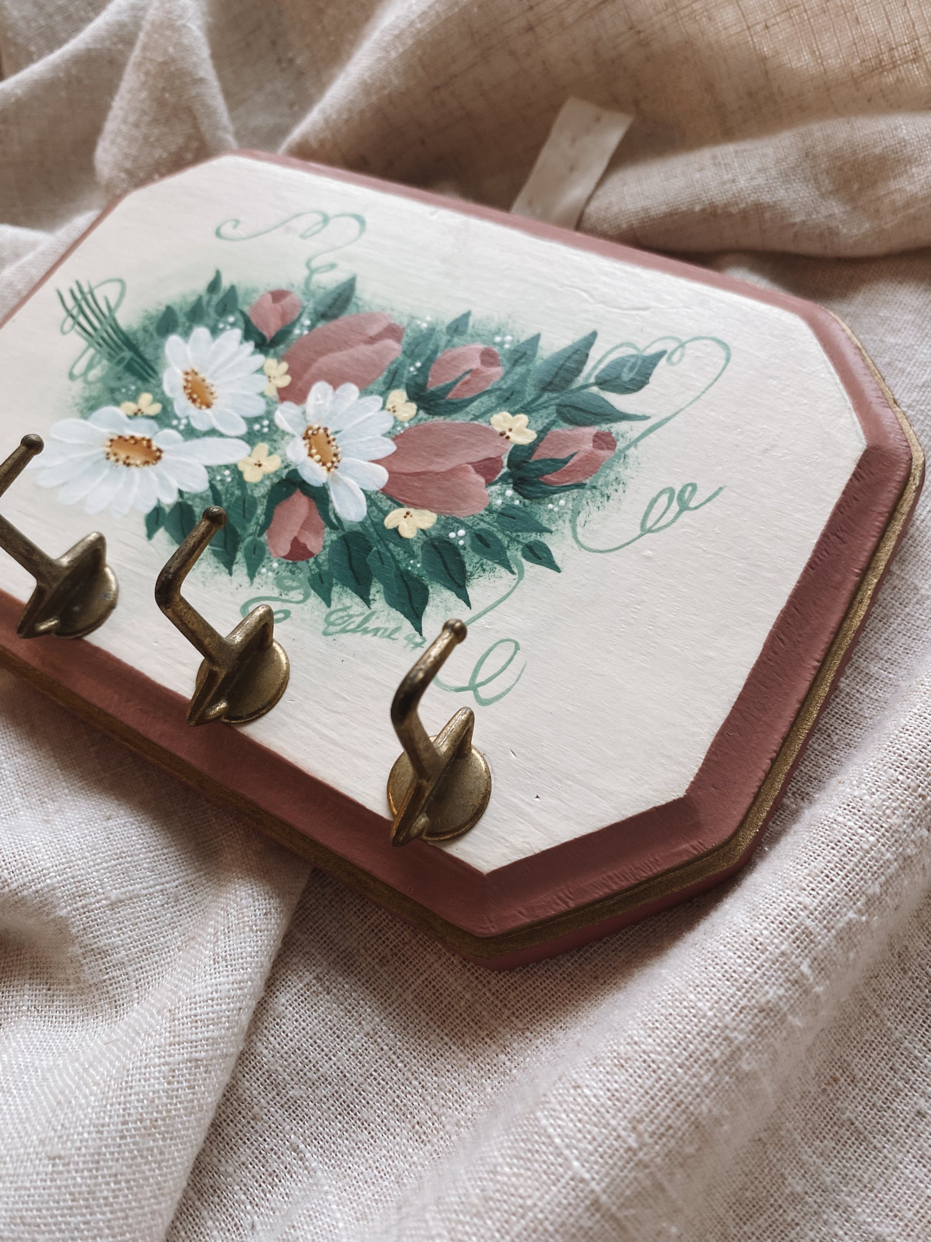Vintage Hand-painted Floral Key Rack — view 2
