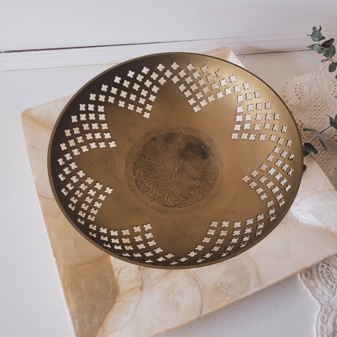 Vintage Pierced Brass Pedestal Bowl — view 2