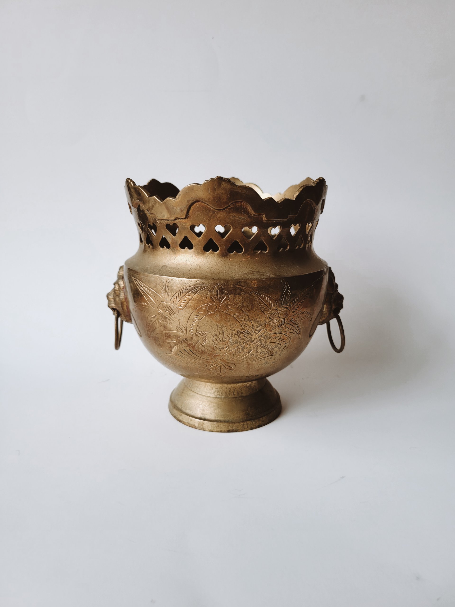 Footed Brass Cachepot with Lion Handles
