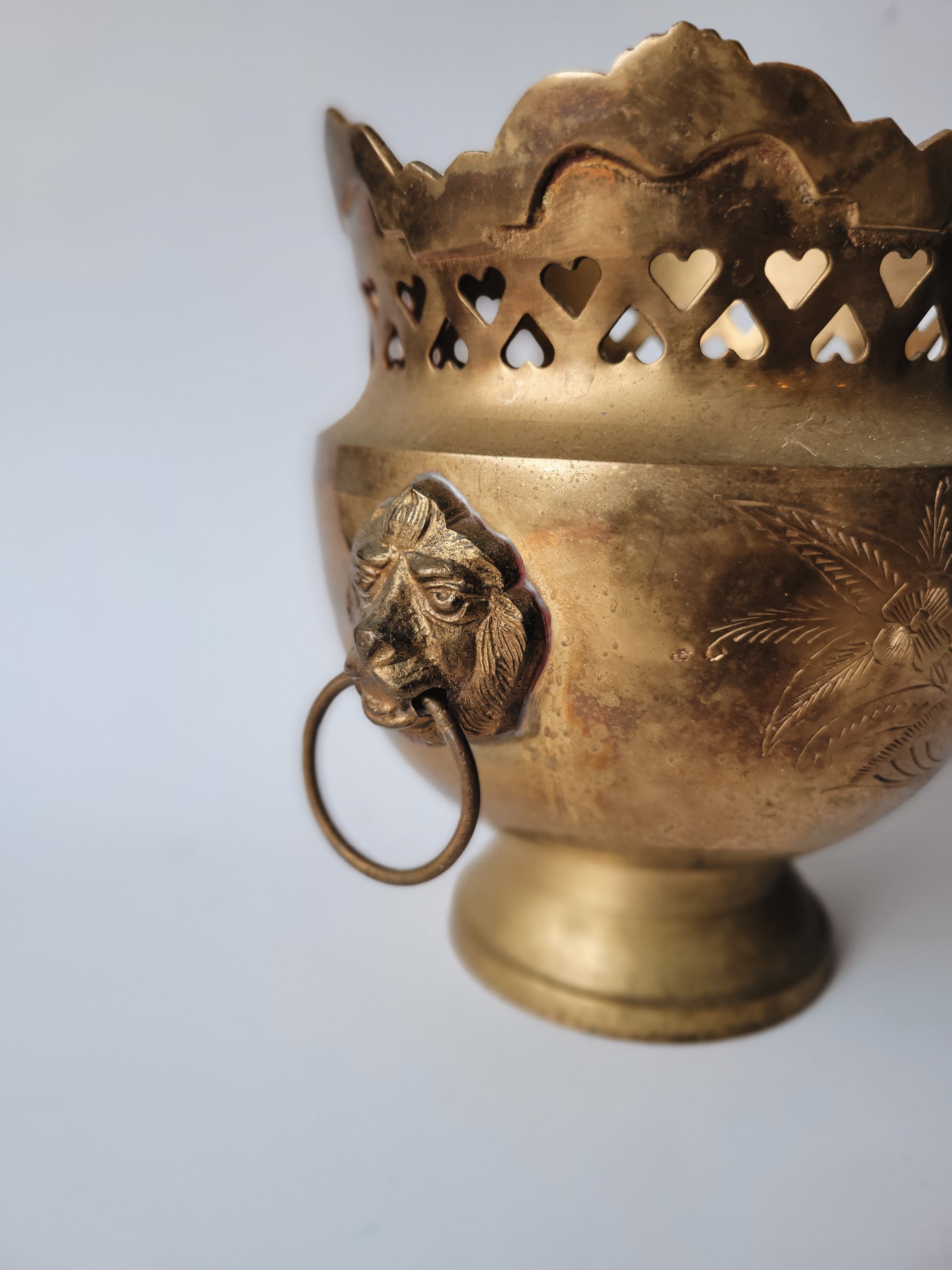 Footed Brass Cachepot with Lion Handles — view 2