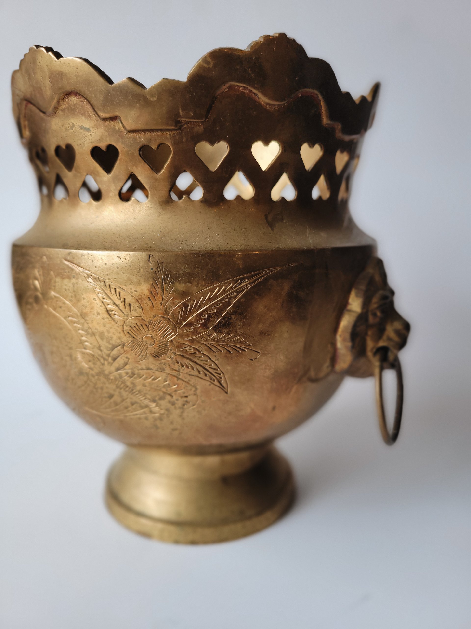 Footed Brass Cachepot with Lion Handles — view 3
