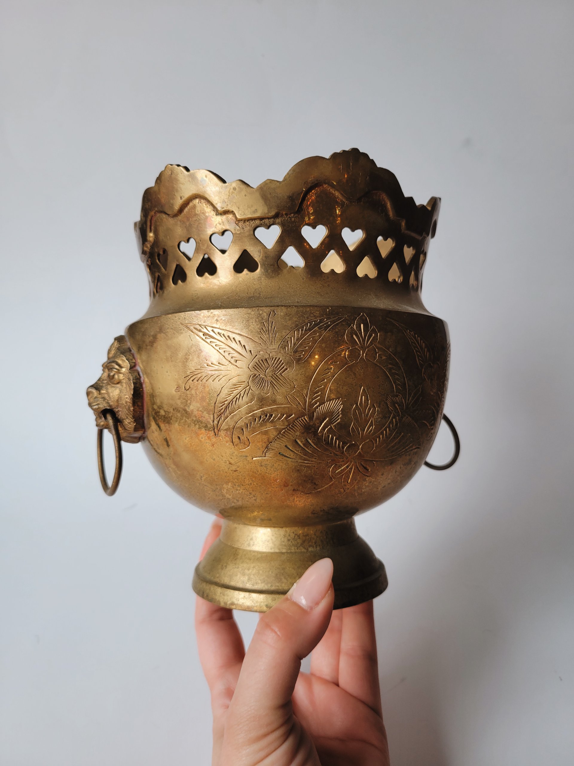 Footed Brass Cachepot with Lion Handles — view 5