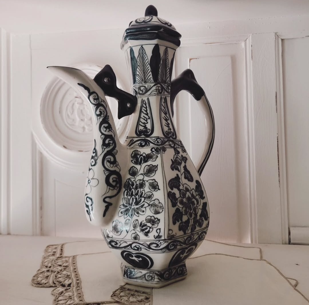 Vintage Blue Floral Ceramic Coffee Pot — view 2