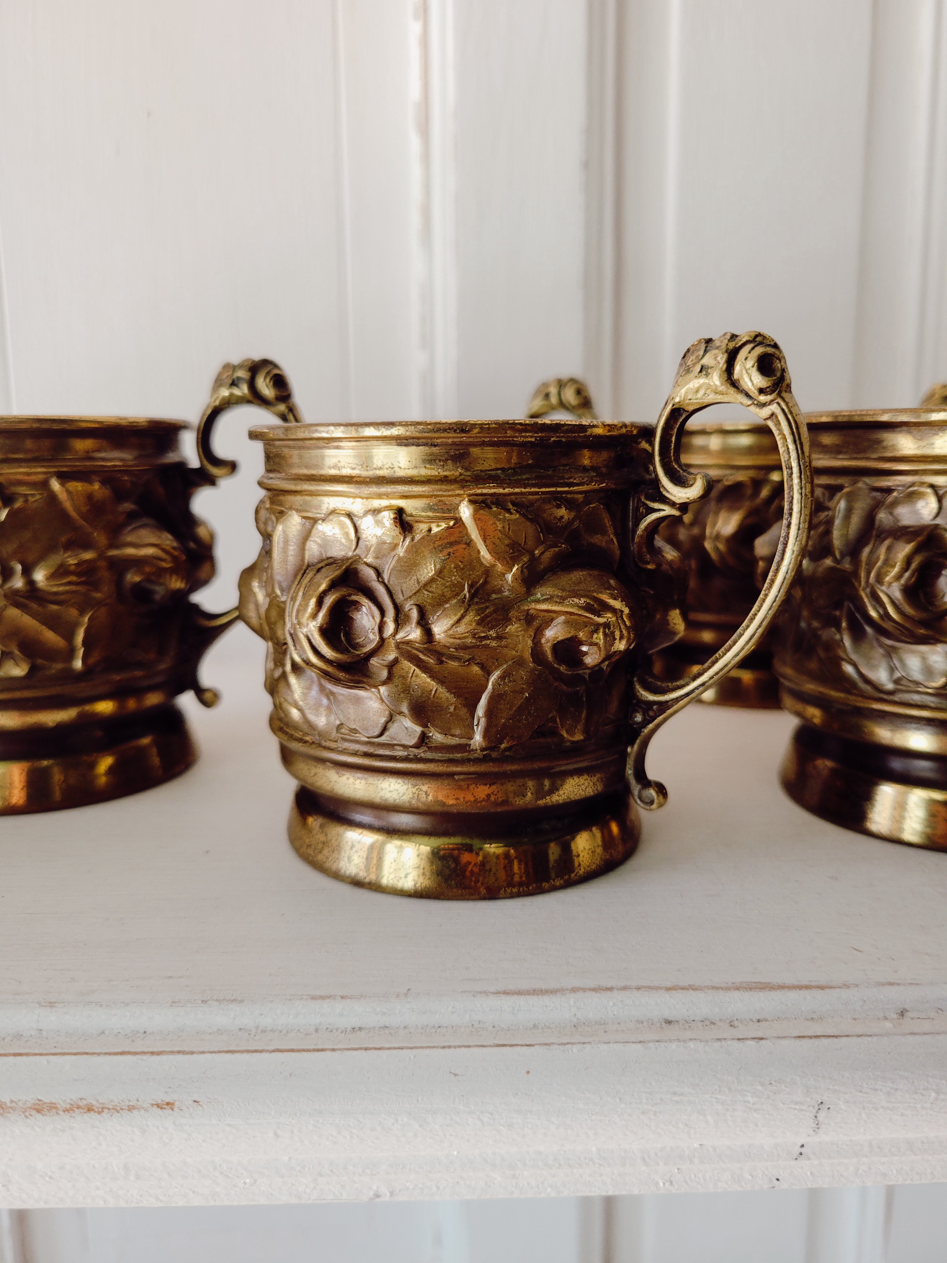 Brass Repoussé Cup Holders; set of 6