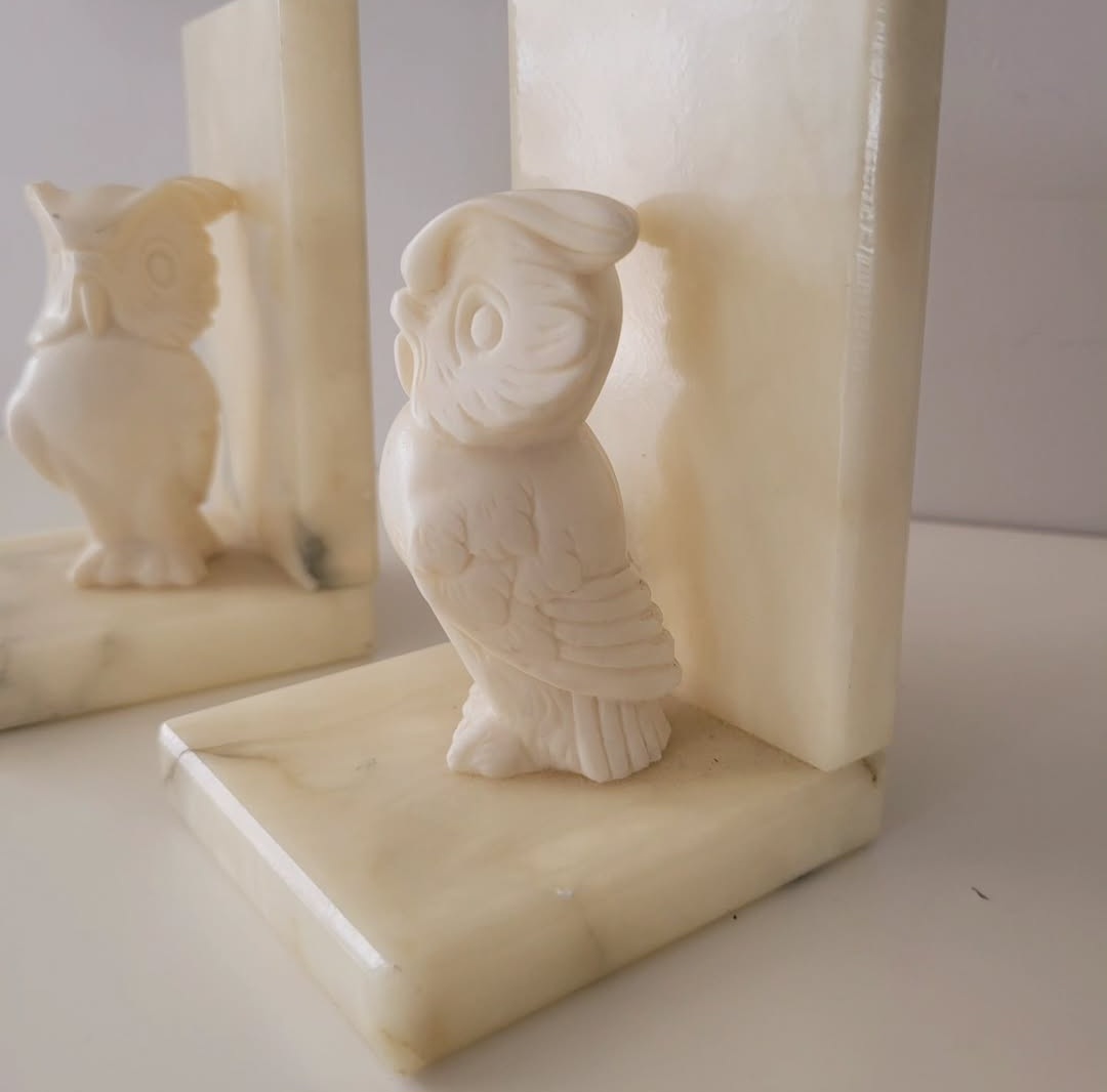 Hand-Carved Italian Alabaster Owl Bookends — view 2