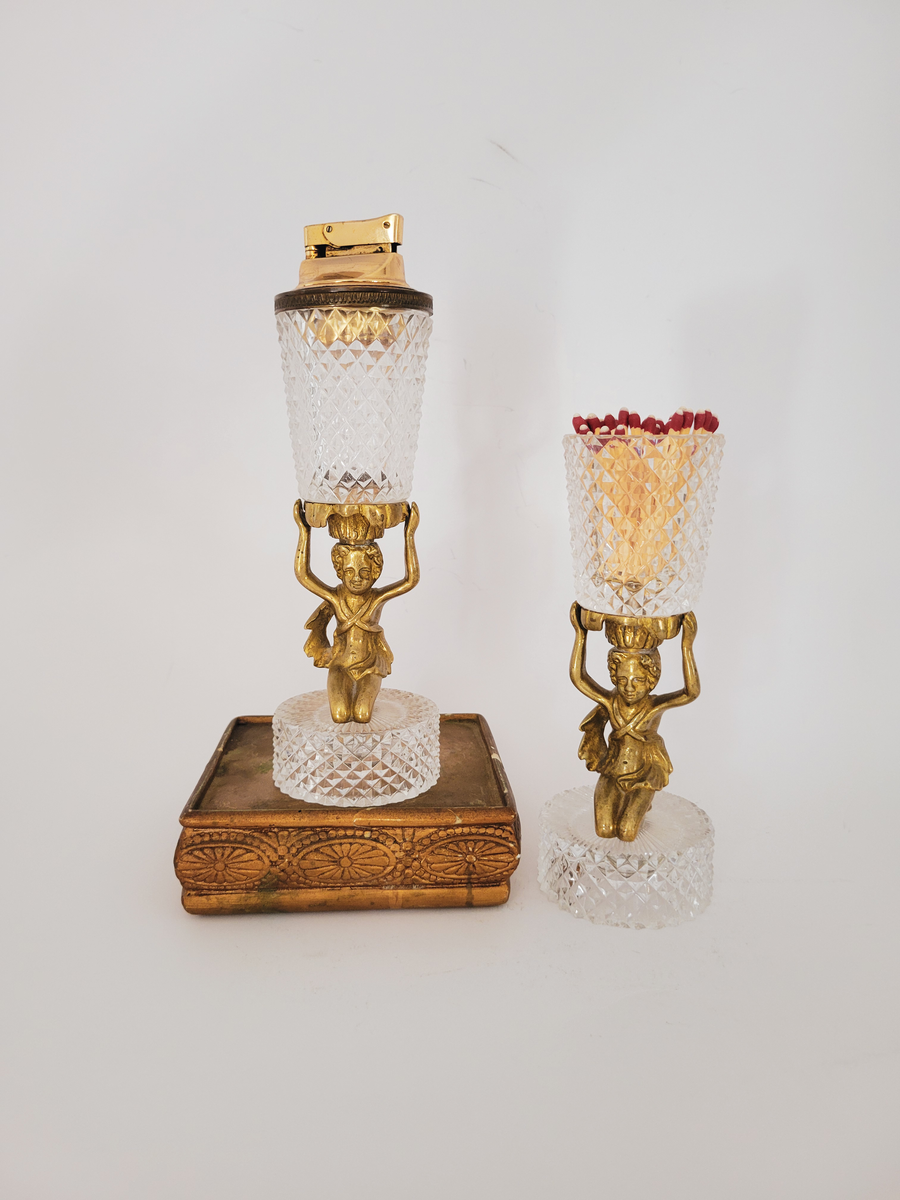 Brass & Crystal Lighter & Match Holder Set