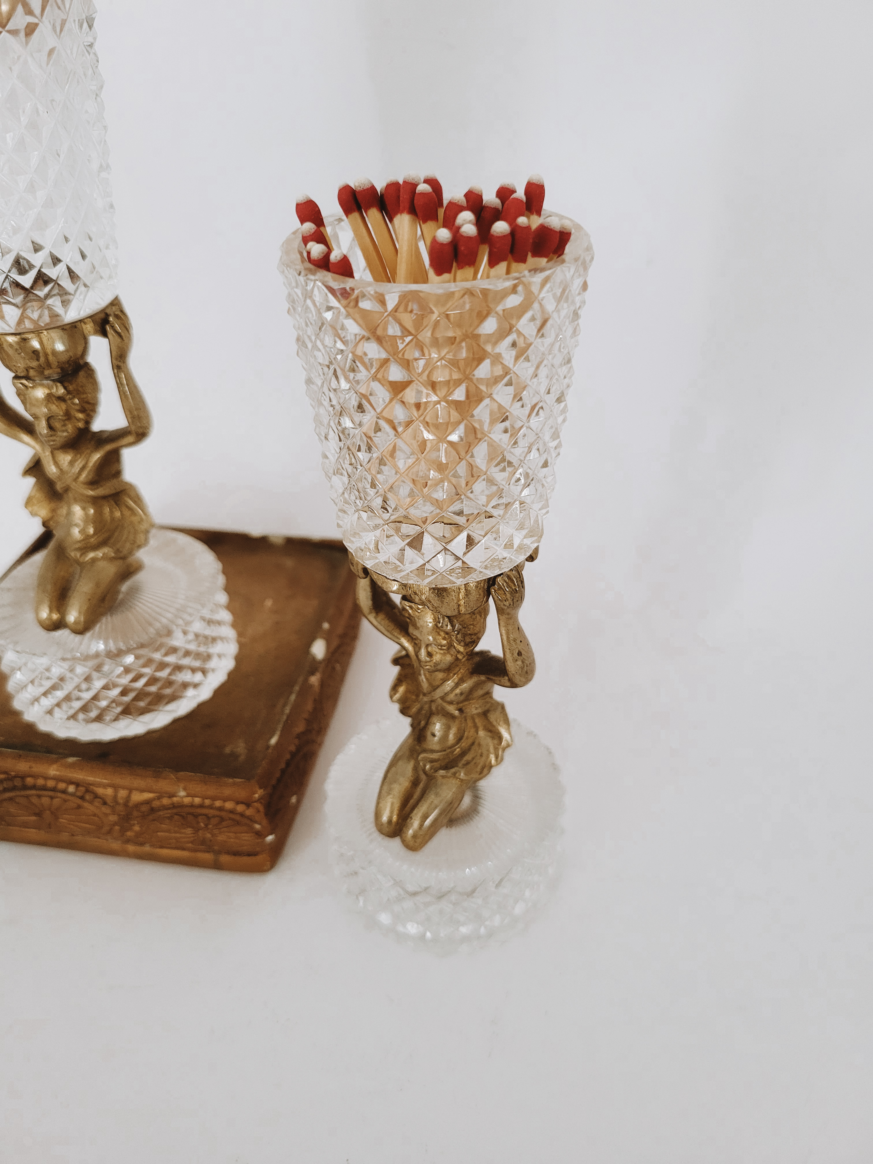 Brass & Crystal Lighter & Match Holder Set — view 2