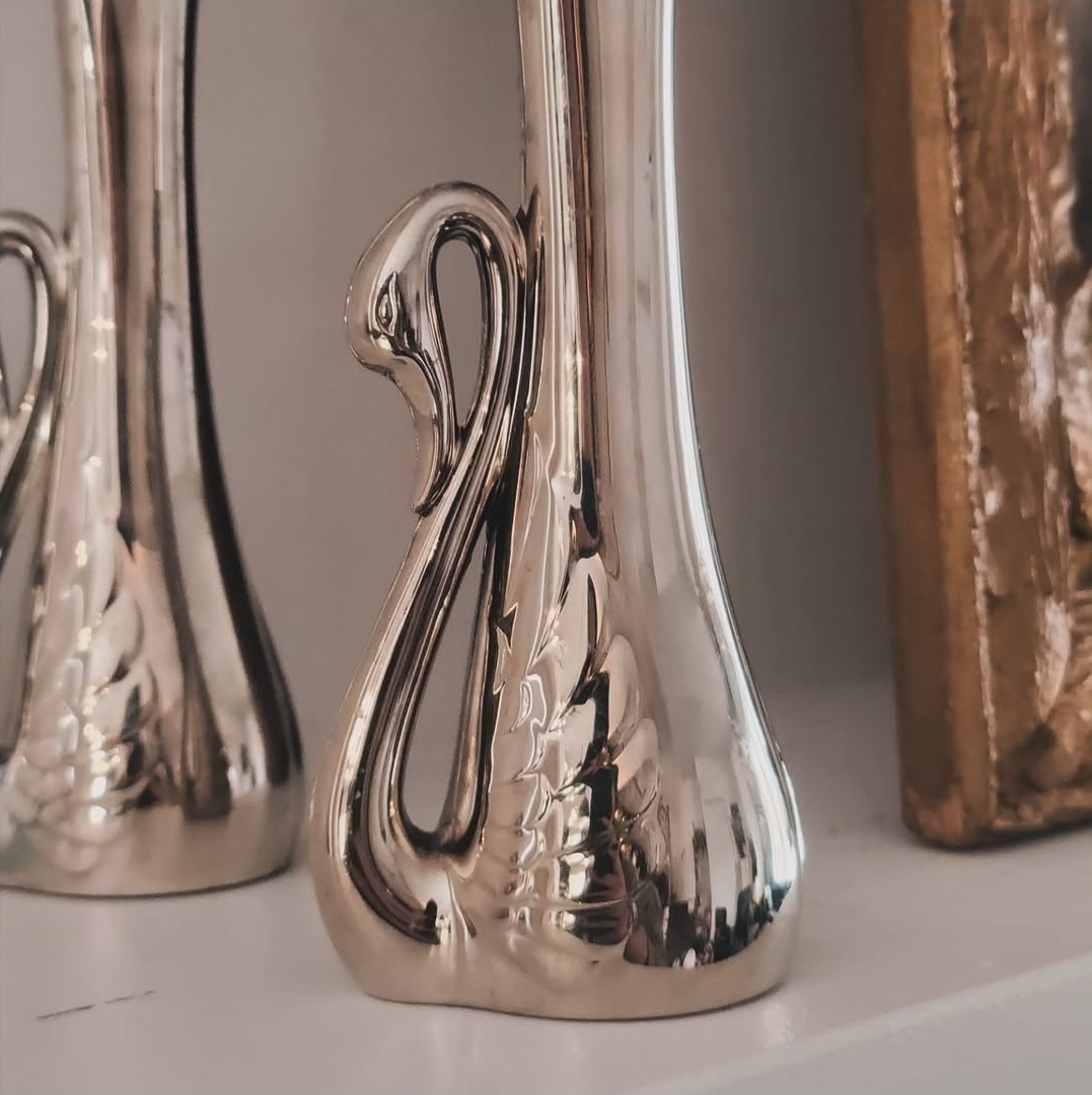 Pair Silver-Plate Swan Bud Vases