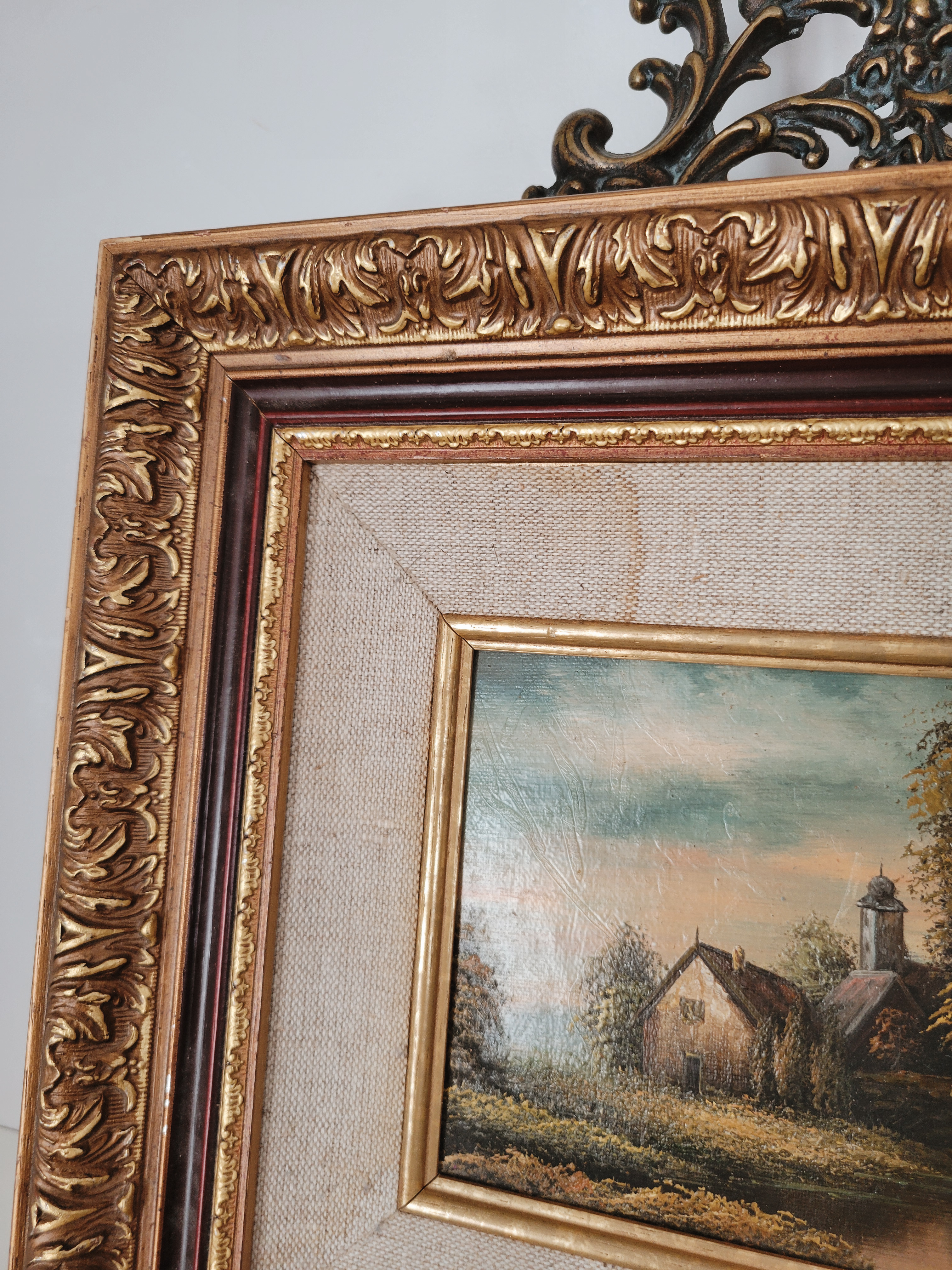 Vintage Framed Cottage Oil on Board — view 3