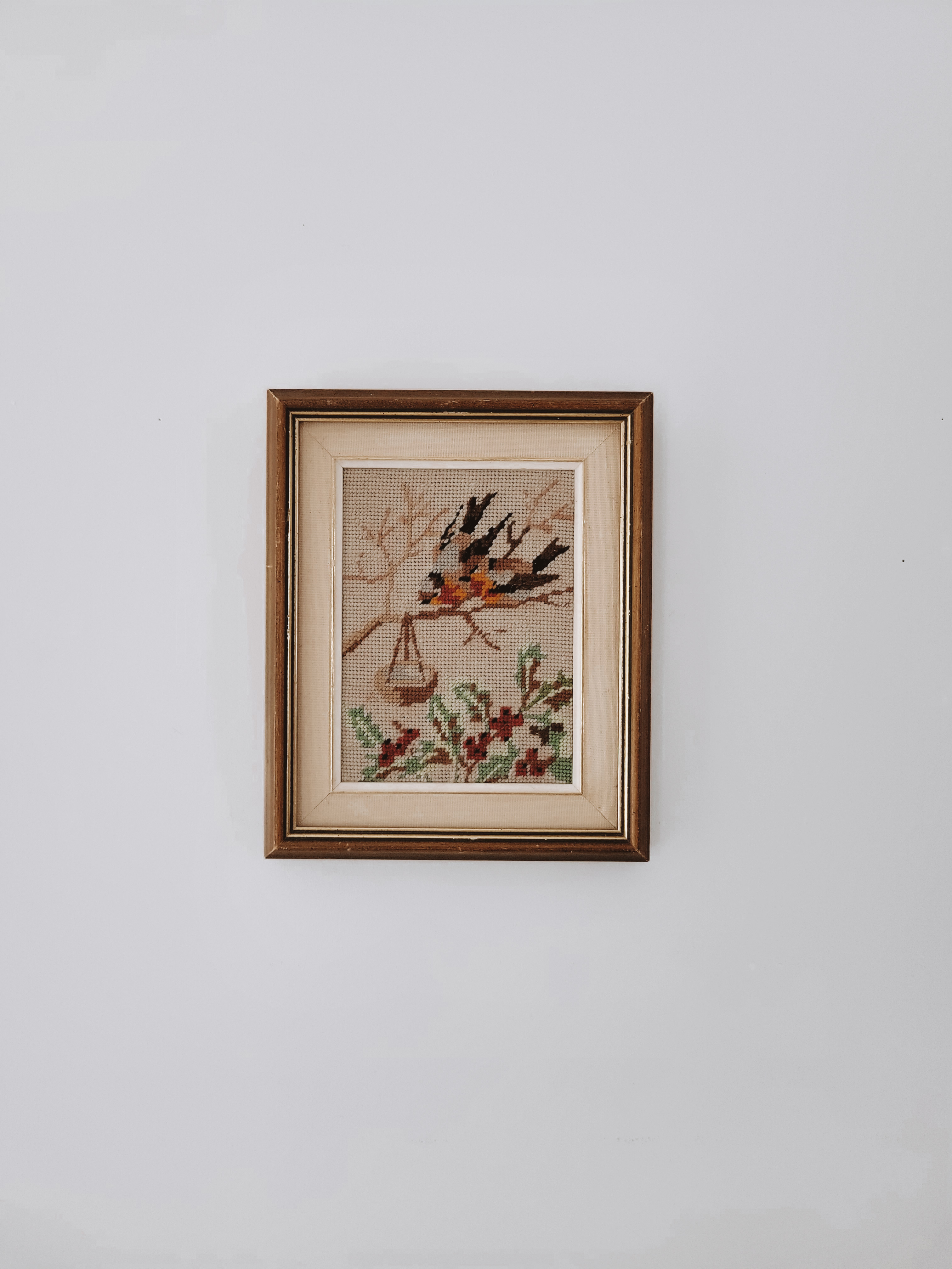 Vintage Framed Bird & Winter Berry Cross Stitch