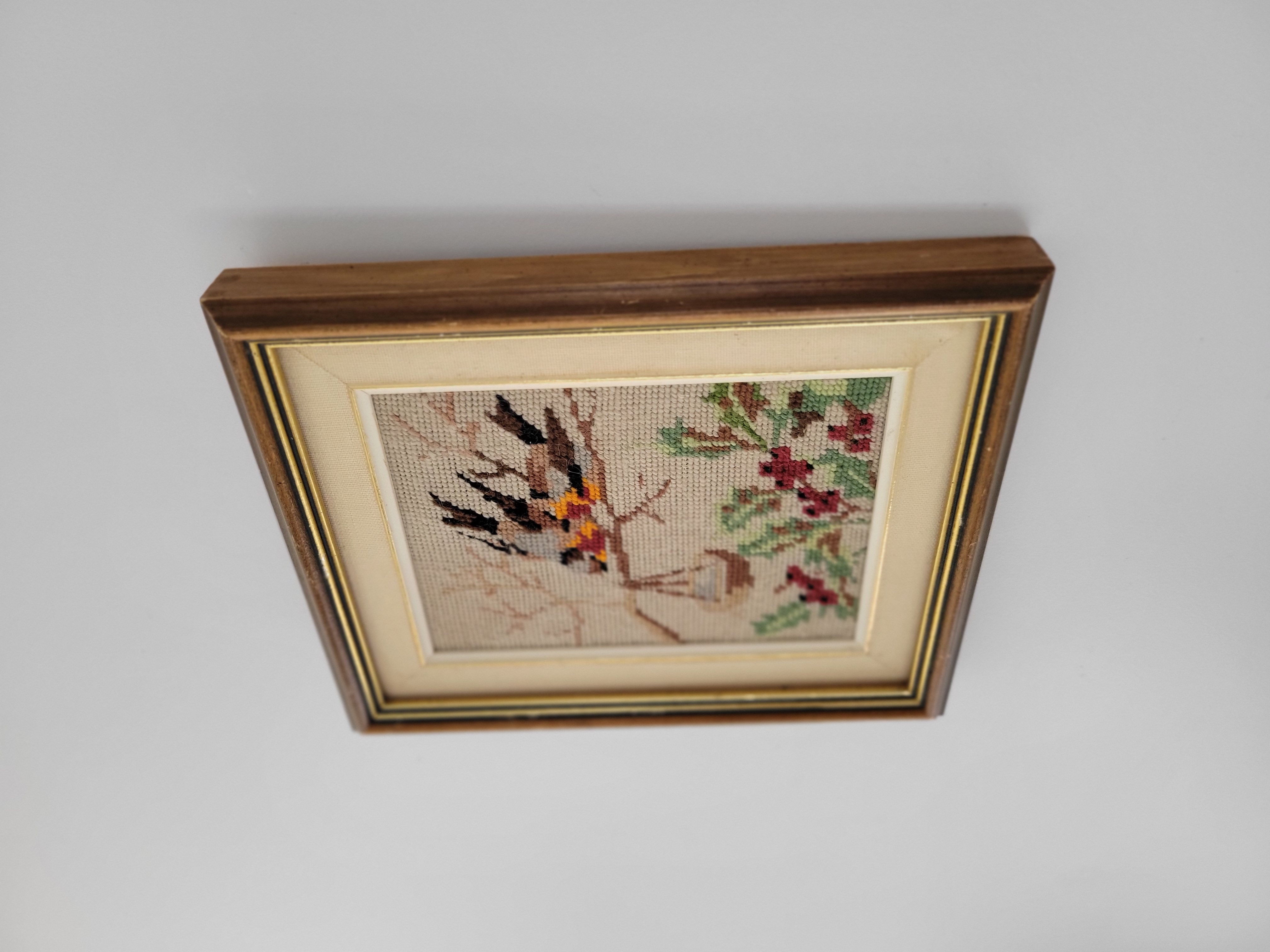 Vintage Framed Bird & Winter Berry Cross Stitch — view 2