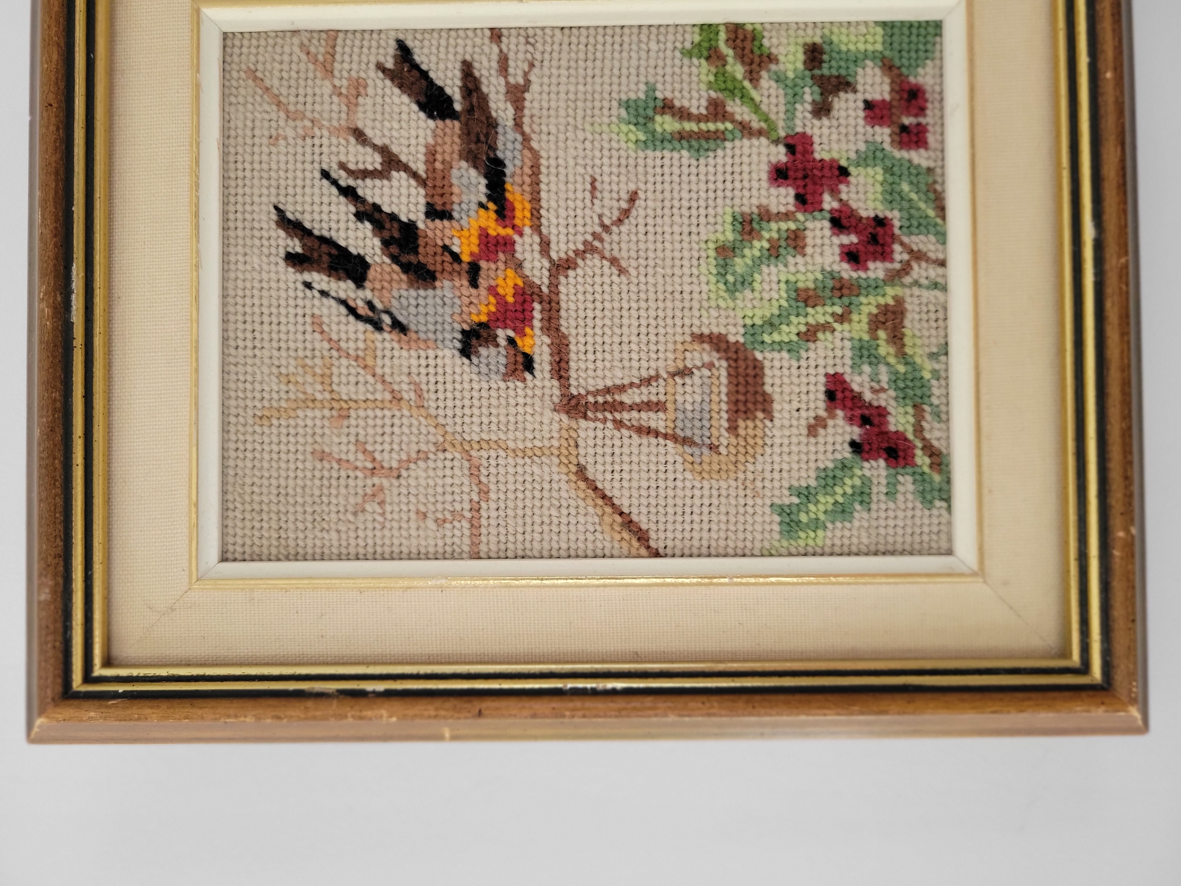Vintage Framed Bird & Winter Berry Cross Stitch — view 3