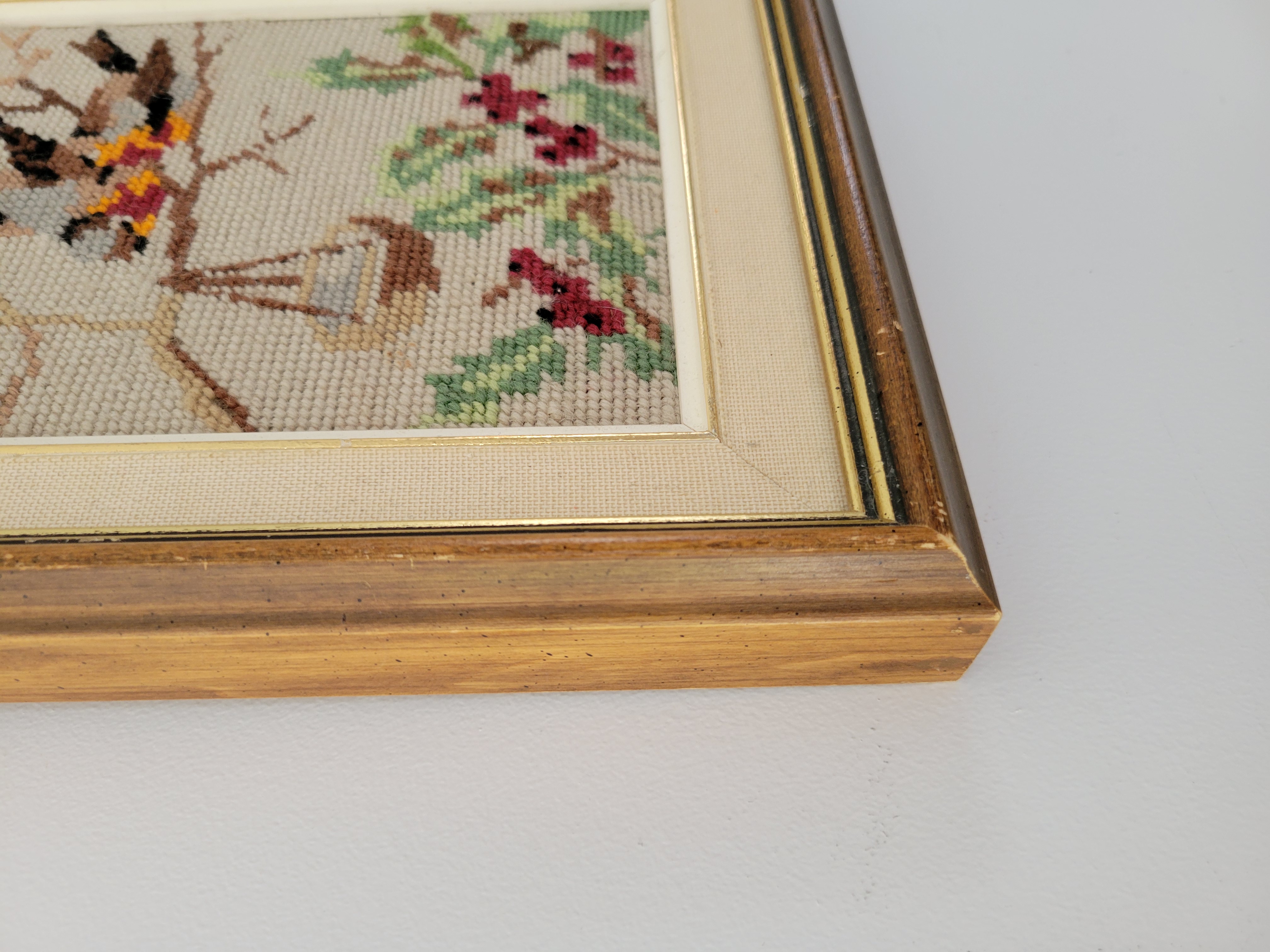 Vintage Framed Bird & Winter Berry Cross Stitch — view 4