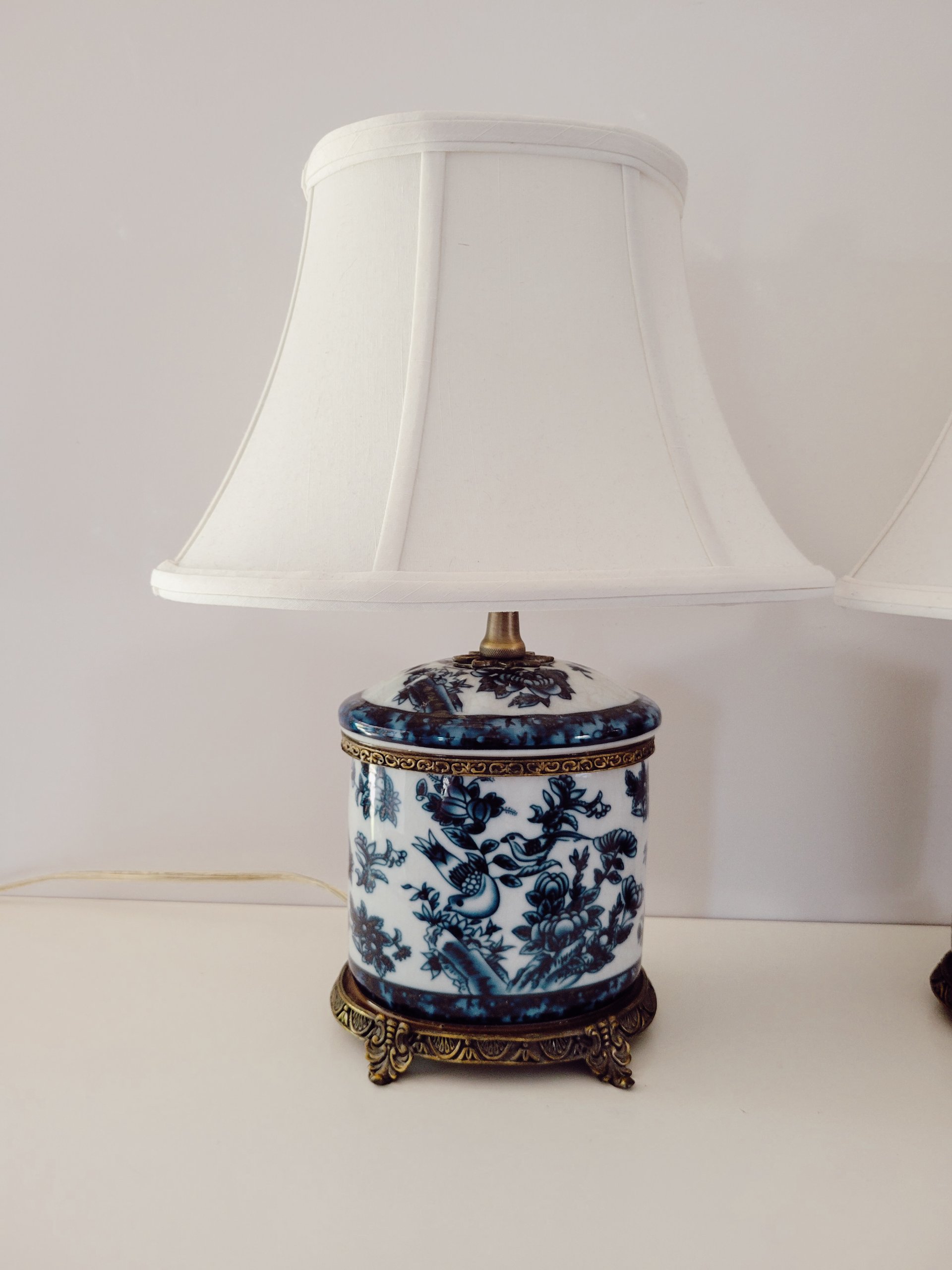 Pair of Vintage Blue & White Chinoiserie Porcelain Table Lamps — view 2